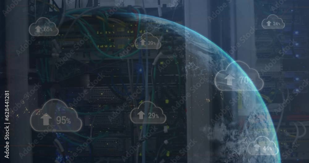 Poster animation of clouds with changing numbers, arrows and globe over back panel of server rack