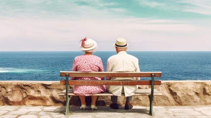 Generative AI, A senior couple looking to the ocean or sea, having fun at the beach