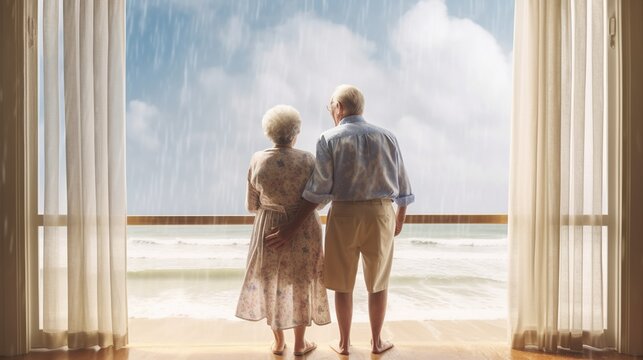 Generative AI, A senior couple looking to the ocean or sea, having fun at the beach