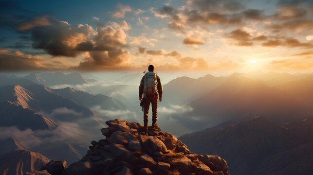 Portrait of a lone hiker on a mountain peak during golden hour. AI Generative