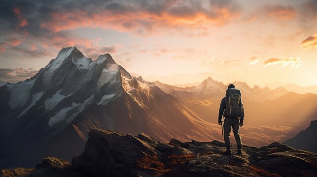 Portrait of a lone hiker on a mountain peak during golden hour. AI Generative