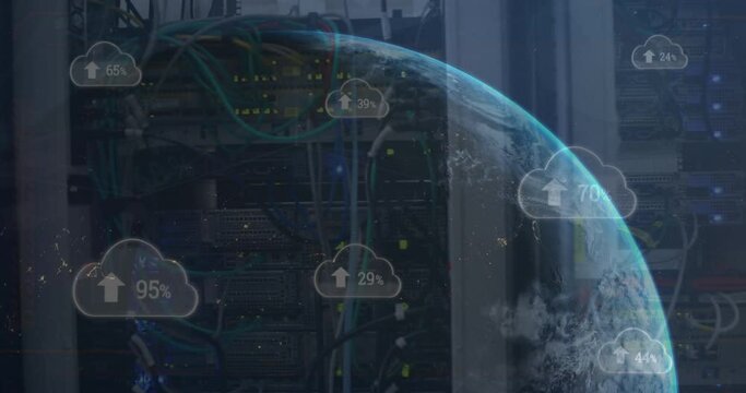 Animation of clouds with changing numbers, arrows and globe over back panel of server rack