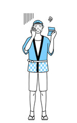 預金通帳を見て落ち込む夏祭りの法被を着たシニア男性