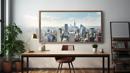 A modern office space with a photo frame on a sleek desk