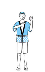 クレジット決済を勧める夏祭りの法被を着たシニア男性