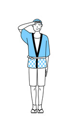 最敬礼する夏祭りの法被を着たシニア男性