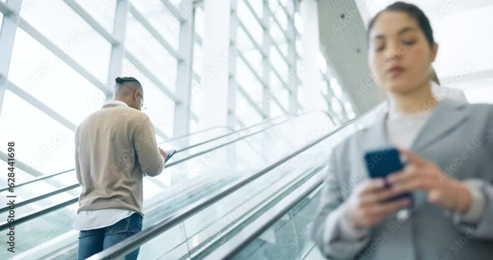 Canvas Prints Escalator, tablet and business man in an office building for communication or social media. African entrepreneur person at convention center, airport or conference with technology and internet