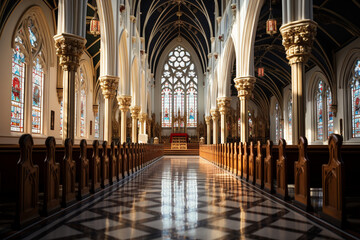 Fototapeta premium the grandeur of a church's architectural features, such as towering spires, intricate stained glass windows, and ornate stone carvings, showcasing the beauty and craftsmanship of t Generative AI