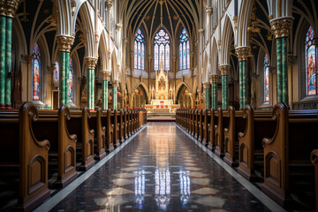 the grandeur of a church's architectural features, such as towering spires, intricate stained glass windows, and ornate stone carvings, showcasing the beauty and craftsmanship of t Generative AI