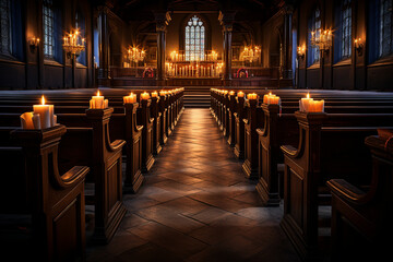 Fototapeta na wymiar a peaceful scene inside a church, with soft lighting, rows of pews, and the glow of candlelight, evoking a sense of tranquility and spiritual contemplation. Generative AI