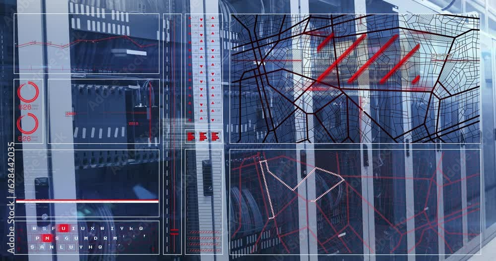 Poster animation of graph, loading circles, navigation pattern and keyboard over server room