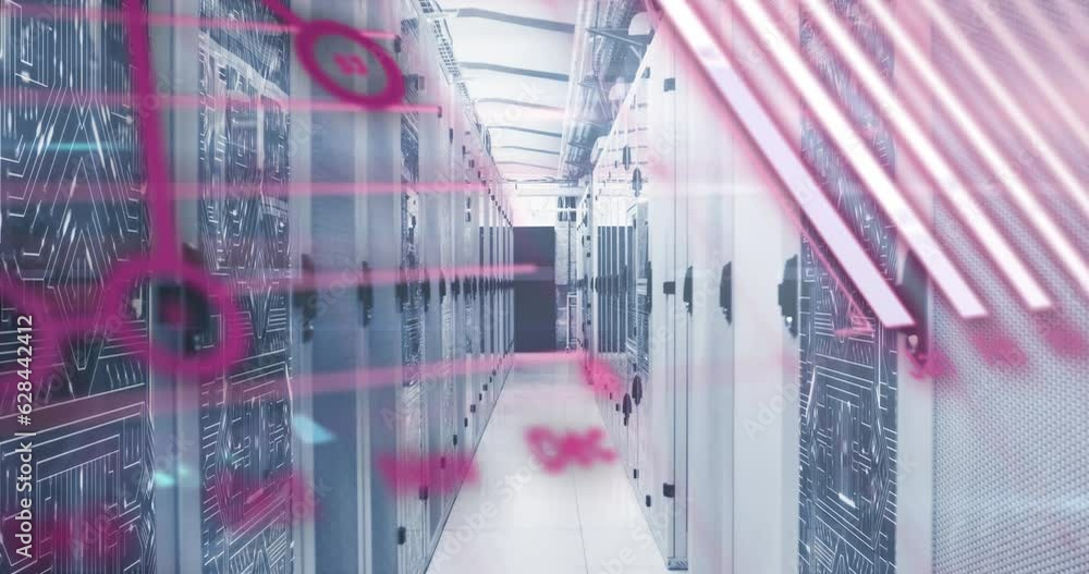 Poster animation of computer language, graphs, globe and circuit board pattern over server room