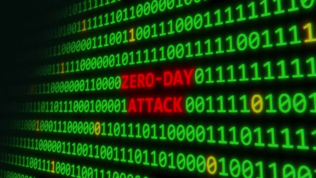 Animated "Zero Day Attack" With Green Binary Code. Cyber Security Concepts
