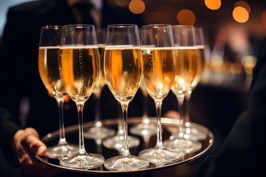 Expensive champagne elegantly served in crystal glasses at a high-end event, capturing the essence of lavish celebrations and wealth