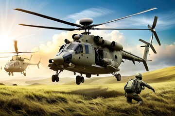 Soldier on mountain in front helicopter against background sky, concept military actions and defense. Generative AI