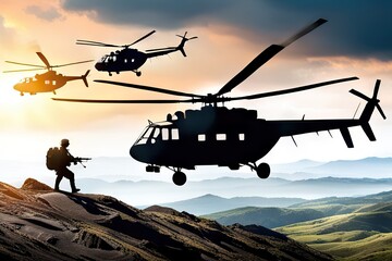 Soldier on mountain in front helicopter against background sky, concept military actions and defense. Generative AI