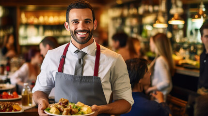 Gourmet Cuisine Served by a Friendly Waiter in a Busy Restaurant