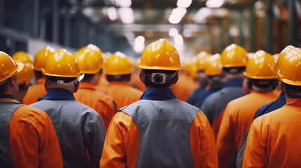 Rear View of Factory Personnel in Helmets