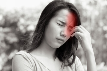 asian woman suffering from irritated eye; concept of optical health care, red eye allergy, eye...