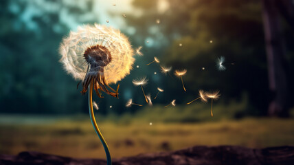 Dandelion seeds being blown in the wind  - obrazy, fototapety, plakaty