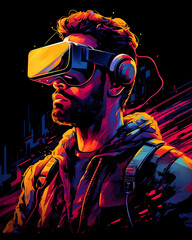 Young Man with VR headset exploring the metaverse created with Generative AI technology