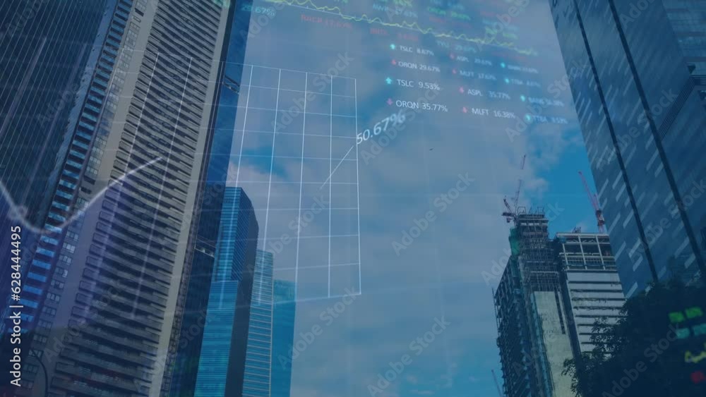 Poster animation of statistical and stock market data processing against aerial view of cityscape