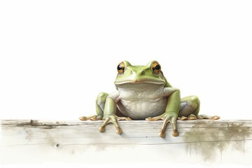 Frog with a wooden sign isolated on white