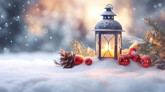 Christmas lantern on snow with fir branch in the blur forest. Blurred bokeh background. Winter decoration backdrop. - Powered by Adobe