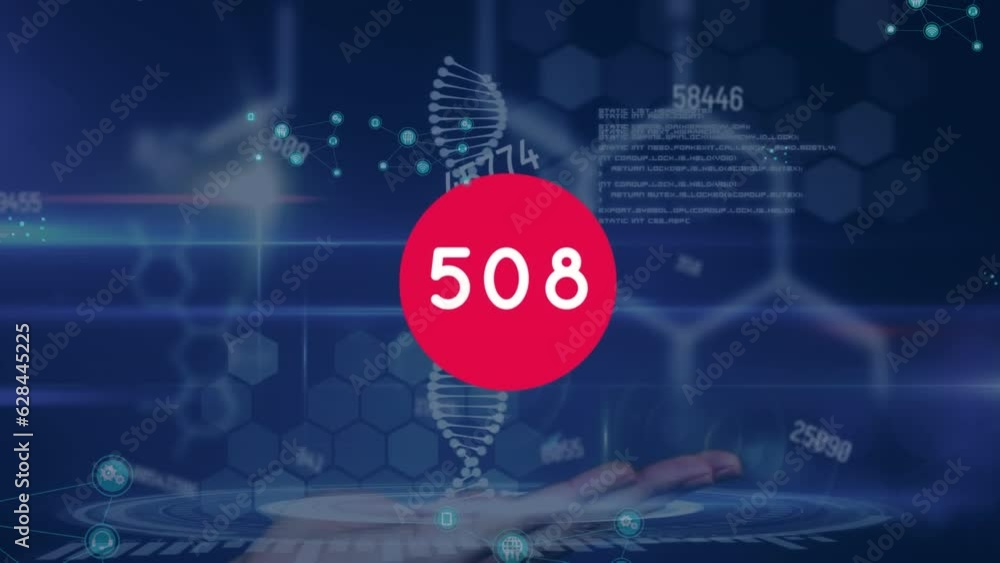 Poster animation of numbers on red circle, scientific data processing over dna strand on blue background