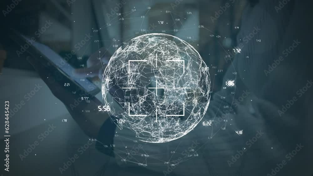 Poster animation of globe with connections and data processing over caucasian businessman using tablet