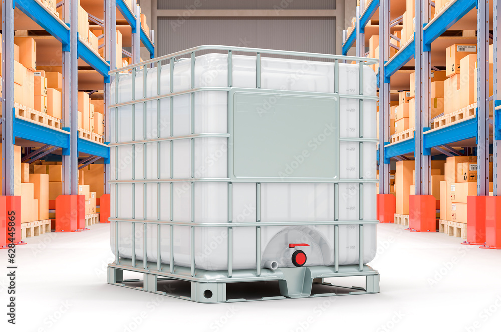 Poster storehouse with intermediate bulk container, 3d rendering