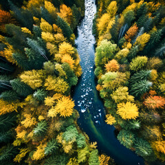 Aerial view of a river running through a colorful forest in the fall