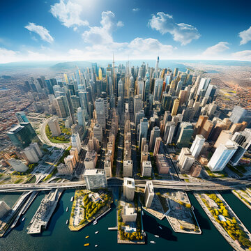 Aerial View Of A City Skyline. Day Time Cityscape. Drone Like Shot With Great Aerial View. Blue Skies, White Clouds, Harbour Front , City Line, Sky Scrapers, Generative AI, New York City, View   