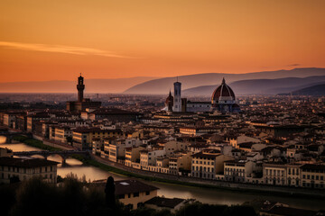 Panoramic view of a gorgeous sunset over Florence, in Italy  - obrazy, fototapety, plakaty