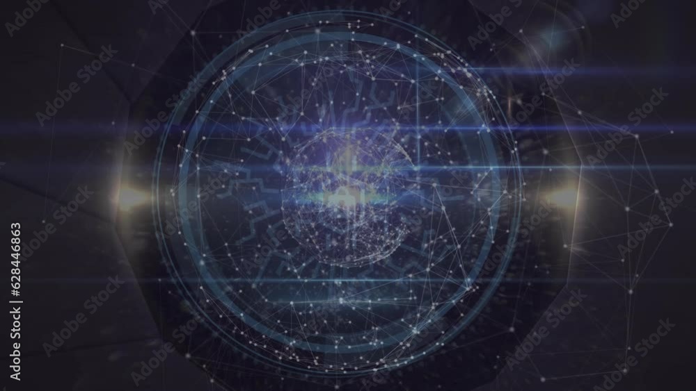 Poster animation of cyber security text, data processing and connections with globe