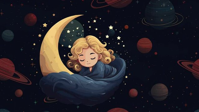 lullaby sleeping video for kids, baby girl sleep on the moon looping