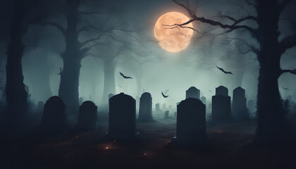 Graveyard in spooky death Forest At Halloween Night, Halloween Night Amongst the Tombstones - obrazy, fototapety, plakaty