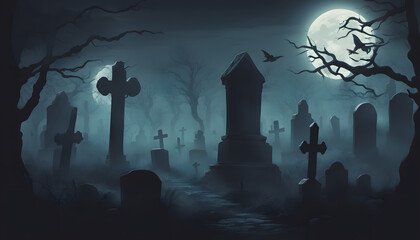 Graveyard in spooky death Forest At Halloween Night, Halloween Night Amongst the Tombstones