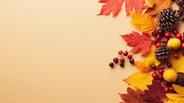 Frame of colorful red and yellow autumn leaves with cones and rowan berries on trendy beige background. First day of school, back to school, fall concept 