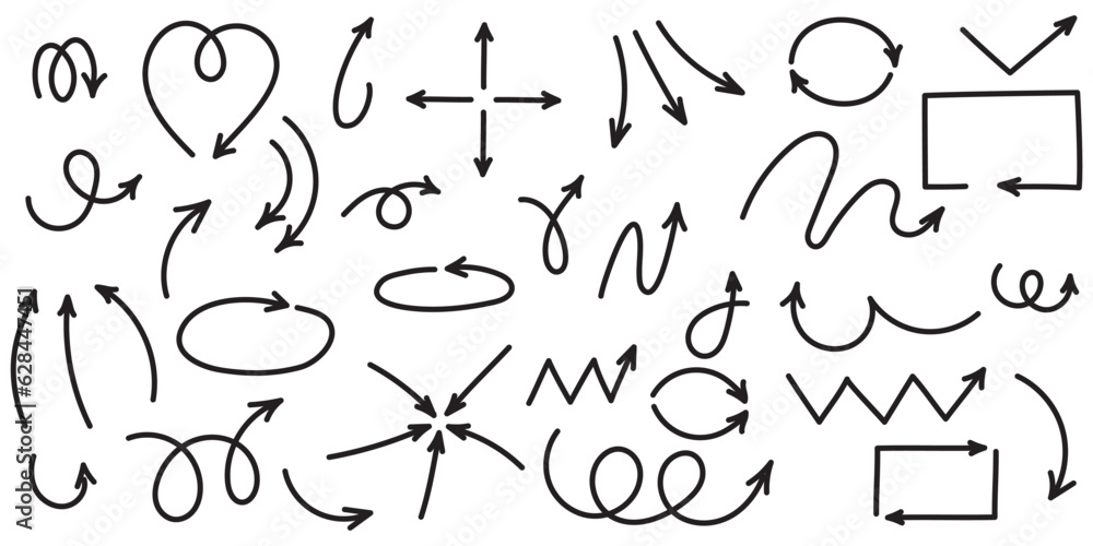 Poster curved arrows. set of vector hand drawn arrows. collection of pointers.