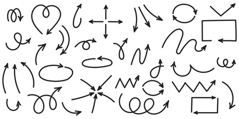 Curved arrows. Set of vector hand drawn arrows. Collection of pointers.