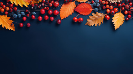 Frame of colorful red and yellow autumn leaves with cones and rowan berries on trendy indigo green background