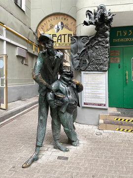 Moscow, Russia, June 15, 2021. Sculptures of Koroviev and the Hippopotamus cat near the Bulgakov House Museum-Theater. Bolshaya Sadovaya Street, 10. Moscow