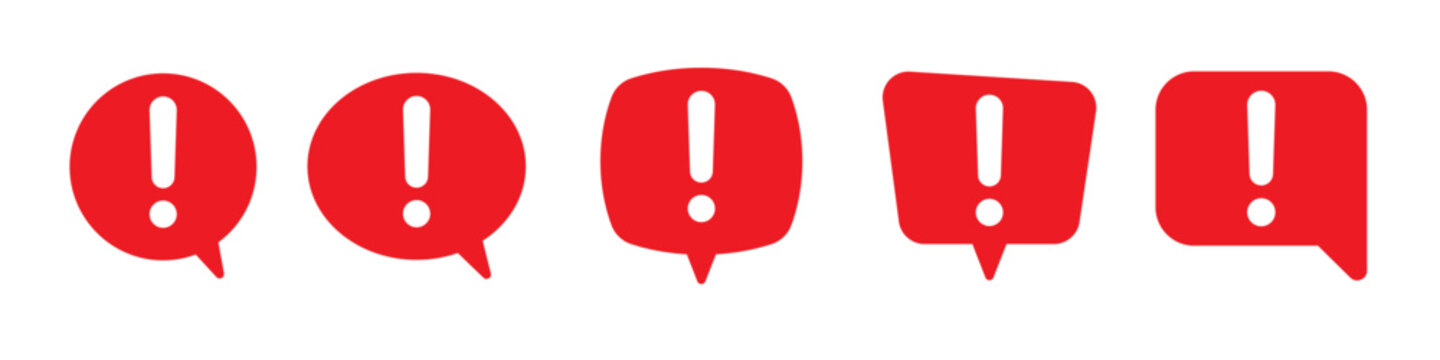 Speech bubble with exclamation mark. Red attention sign icon. Hazard warning symbol. Vector illustration in flat style.