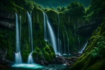 Fototapeta na wymiar An enchanting waterfall cascading down lush cliffs into a pool below
