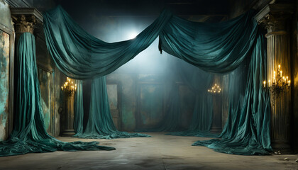 Ancient Room with Green Draped Curtains: Post-Apocalyptic Backdrop, Dark Turquoise & Gray Hues. Embracing Romantic Drama, Gossamer Fabrics, Theatrical Lighting, Whimsical Genre Scenes - obrazy, fototapety, plakaty