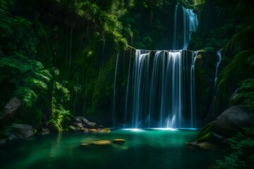 An enchanting waterfall cascading down lush cliffs into a pool below