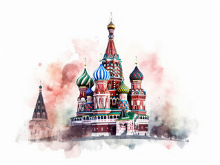 Saint Basil's cathedral situated in the Red square in Moscow, Russia. Watercolor illustration. Travel concept. 