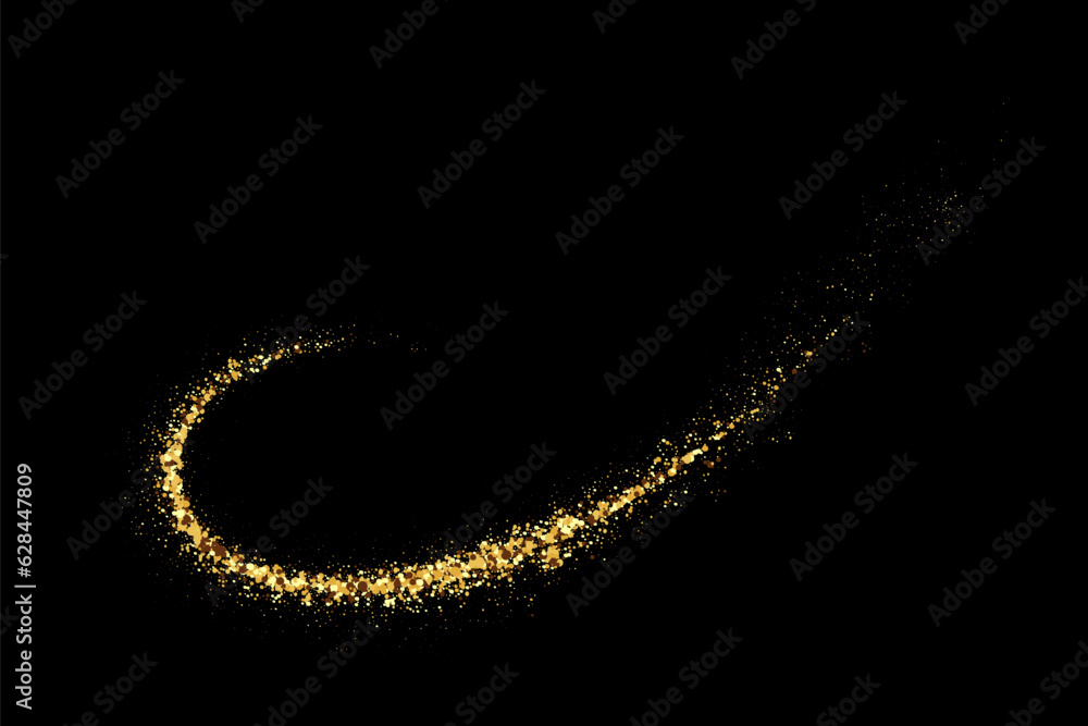 Poster shiny abstract wave flow, golden wave design element with glitter effect on black background.
