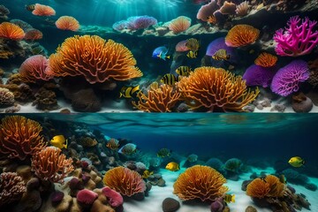 An underwater image of a vibrant coral reef teeming with colorful marine life